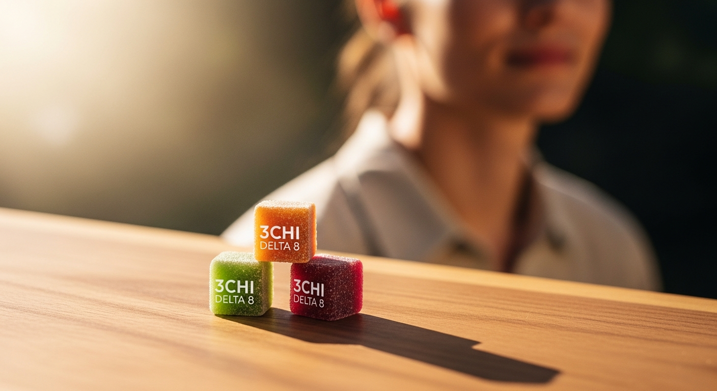 3CHI Delta 8 THC gummies in colorful flavors displayed in resealable packaging