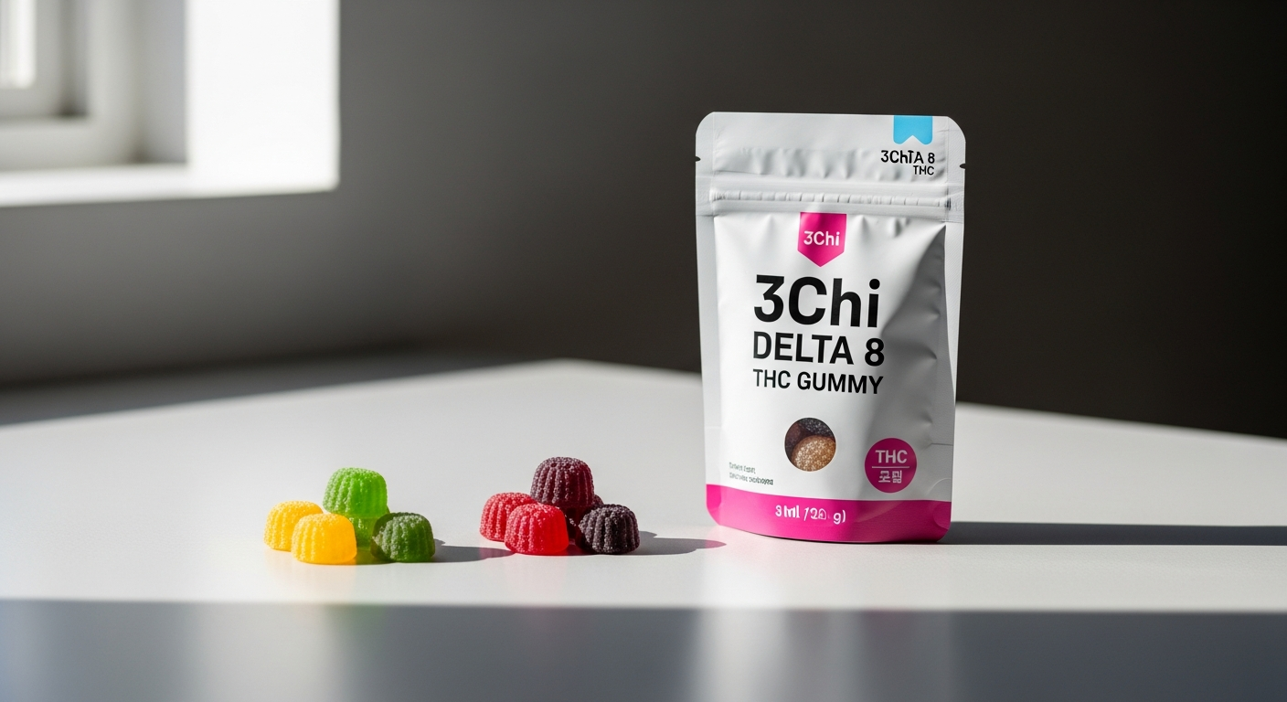 3Chi Delta 8 THC gummies in black raspberry and watermelon flavors