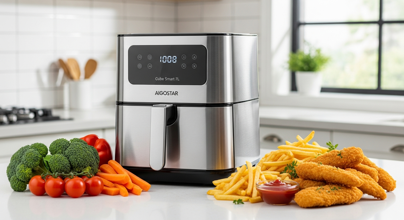 Aigostar Cube Smart 7L Air Fryer with touch screen display and Wi-Fi connectivity