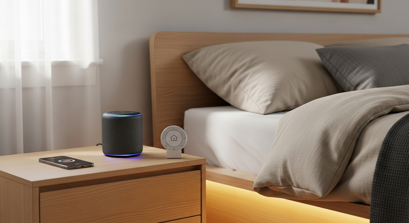 Amazon Echo Dot 5th generation smart speaker on bedroom nightstand with warm lighting
