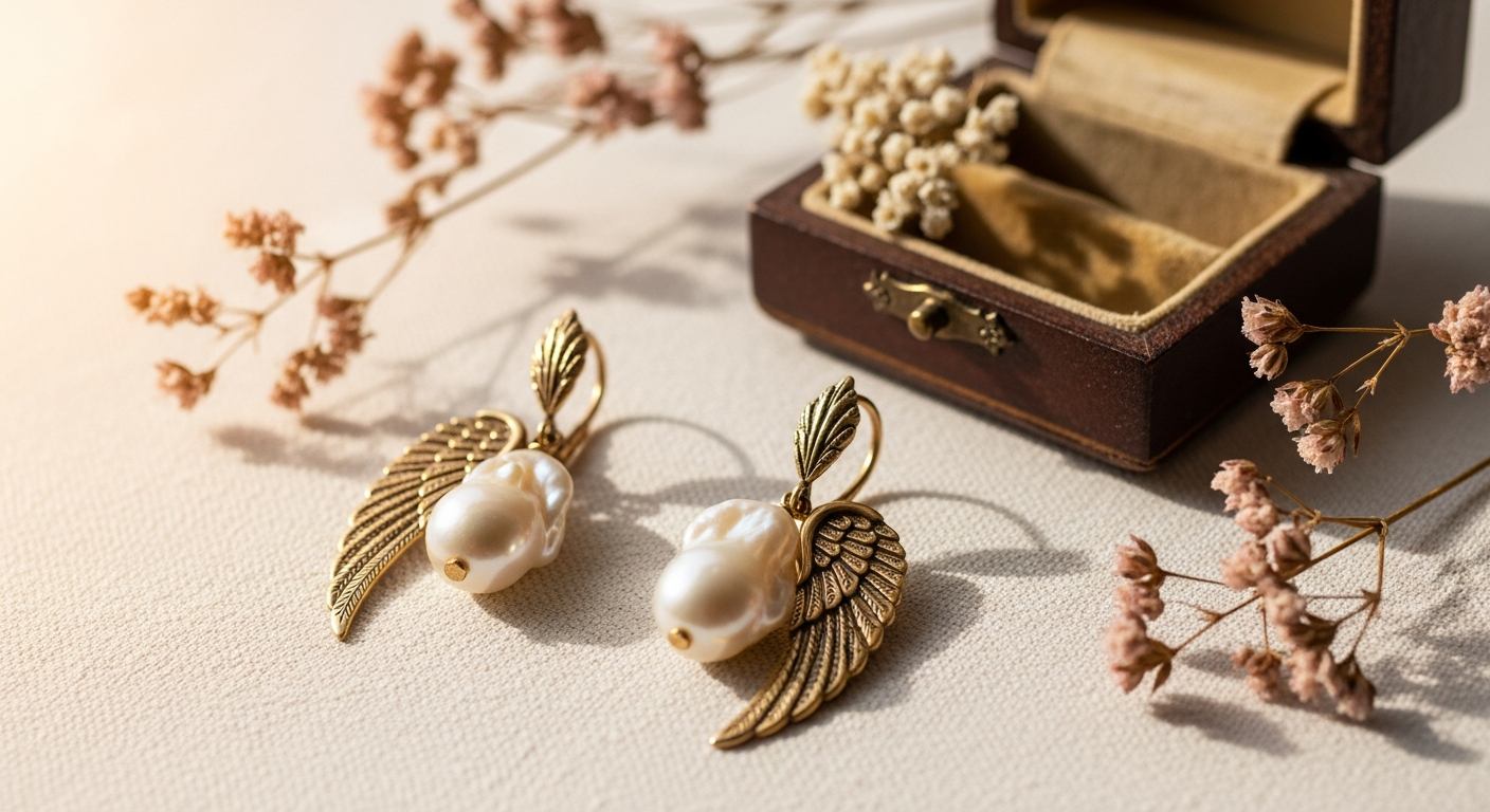 Angel Wings Button Baroque Pearl Earrings handcrafted jewelry display