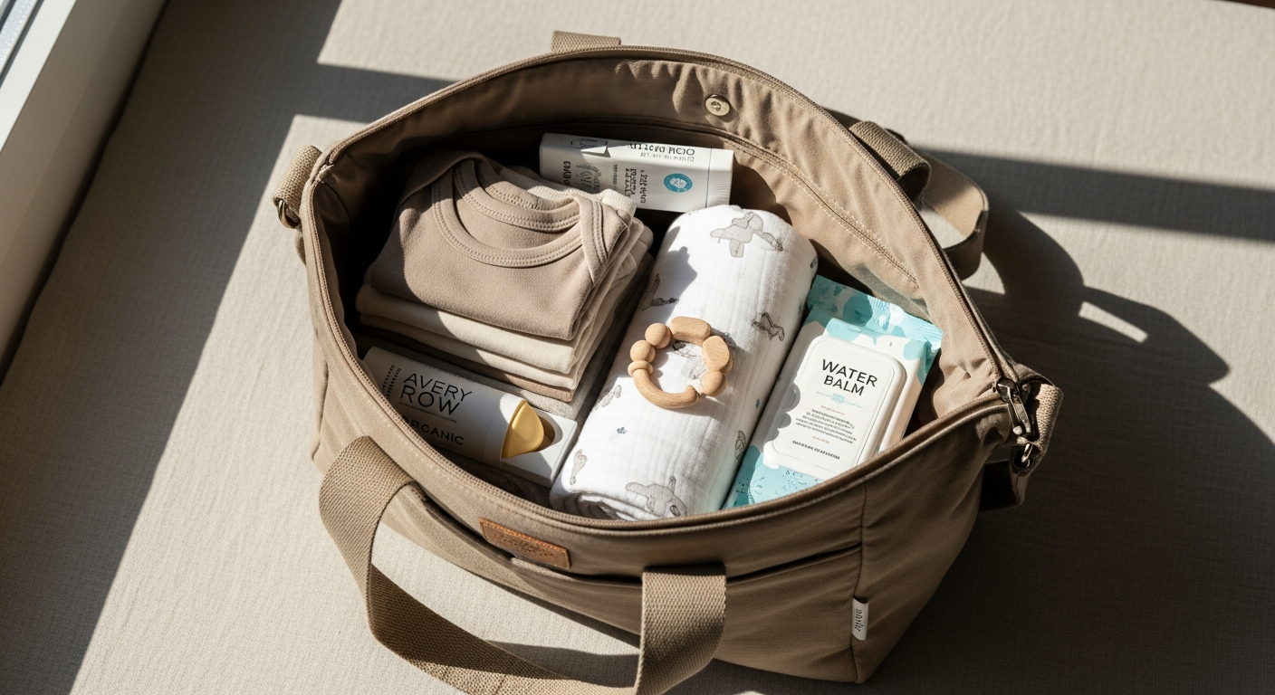 Avery Row Organic Cotton Changing Bag in neutral print displayed on white background