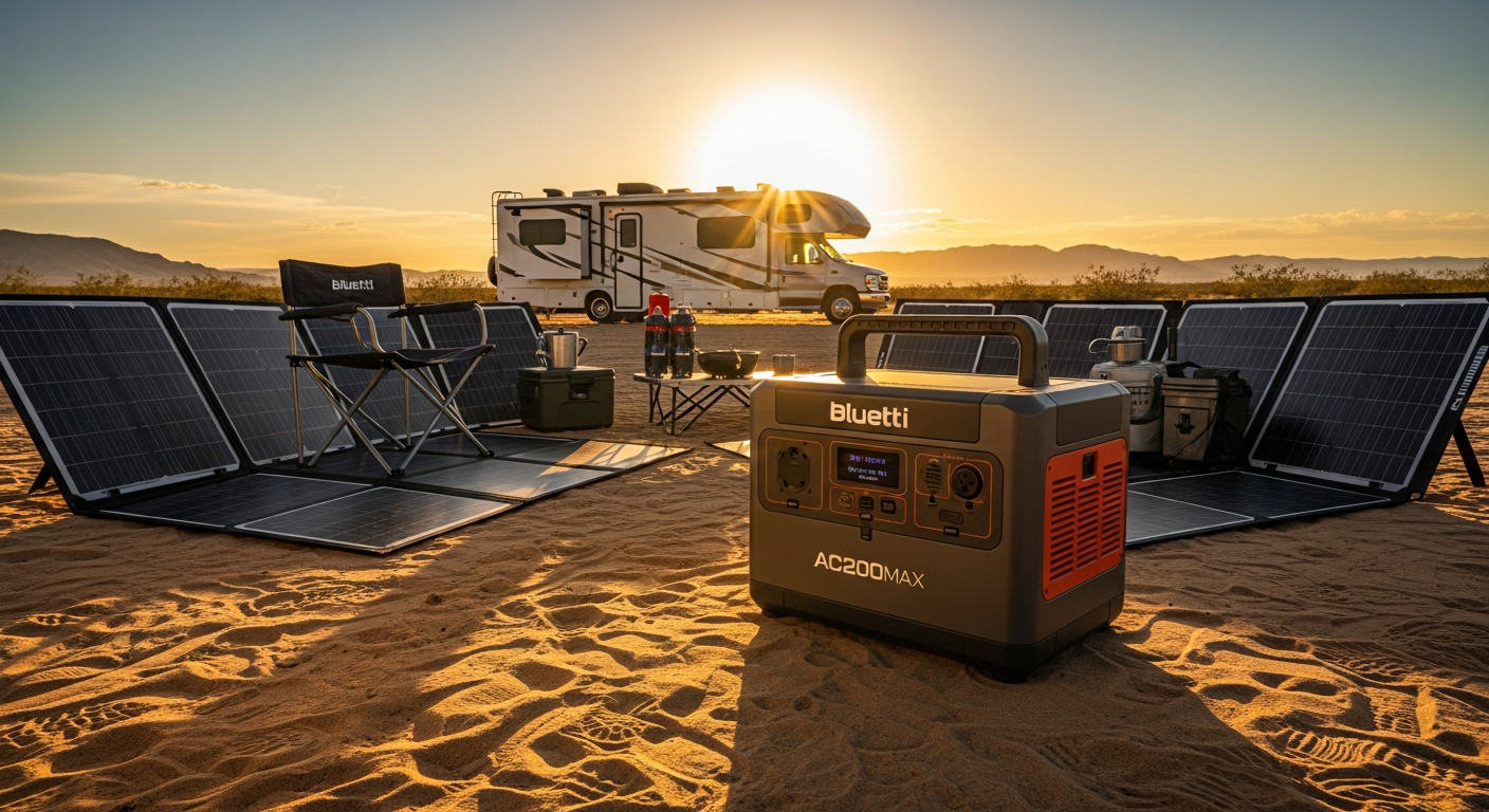 Bluetti AC200MAX portable power station with expandable battery modules displayed outdoors