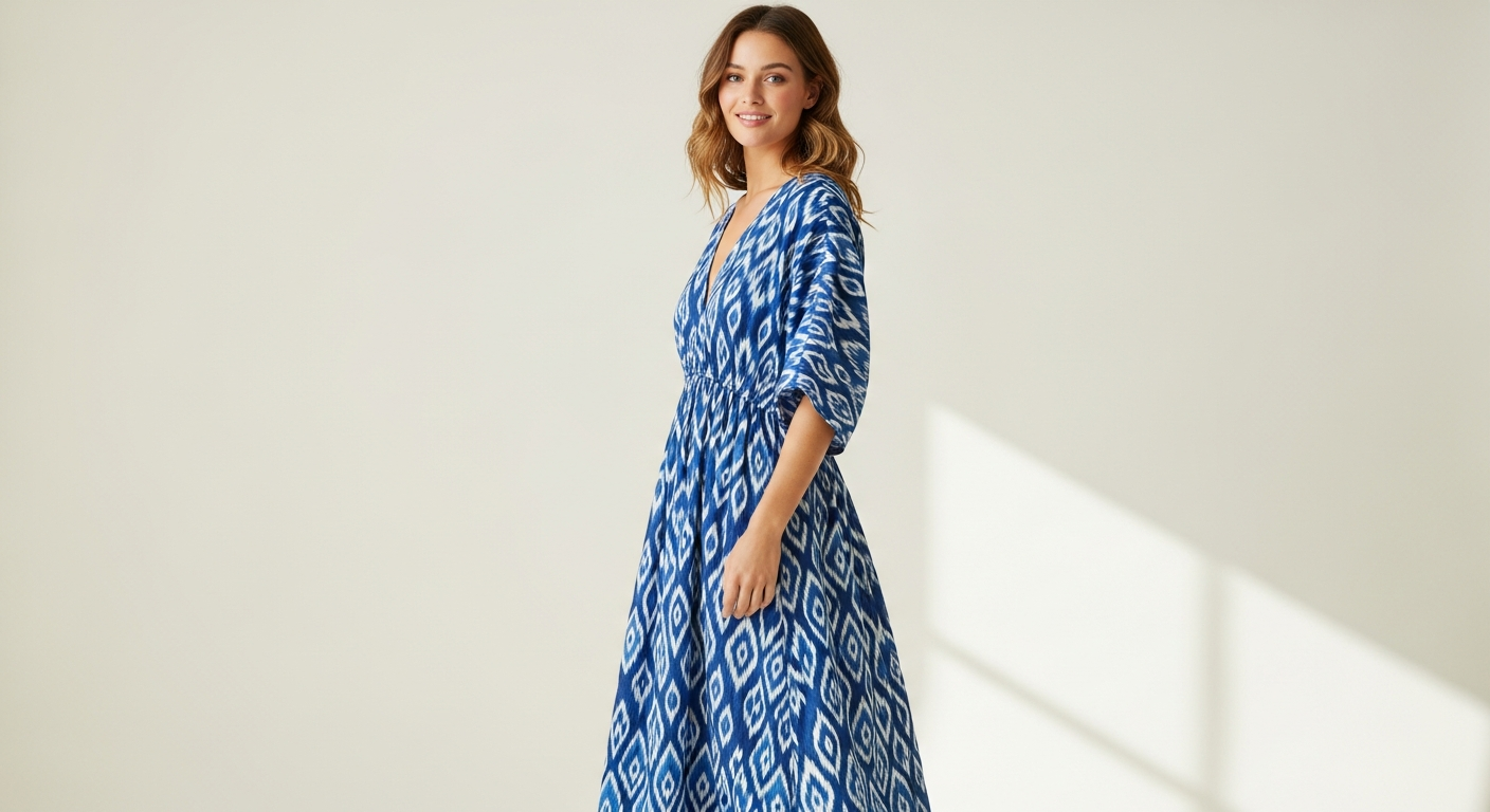 Brakeburn Eirini Cotton Ikat Maxi Dress in Sunrise print with shirred bodice