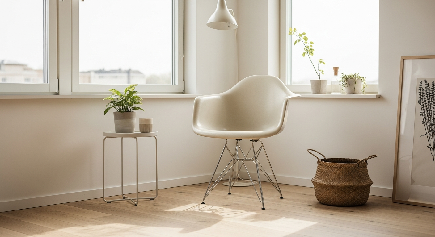 Vitra Eames Plastic Side Chair DSW with wooden base in modern interior setting