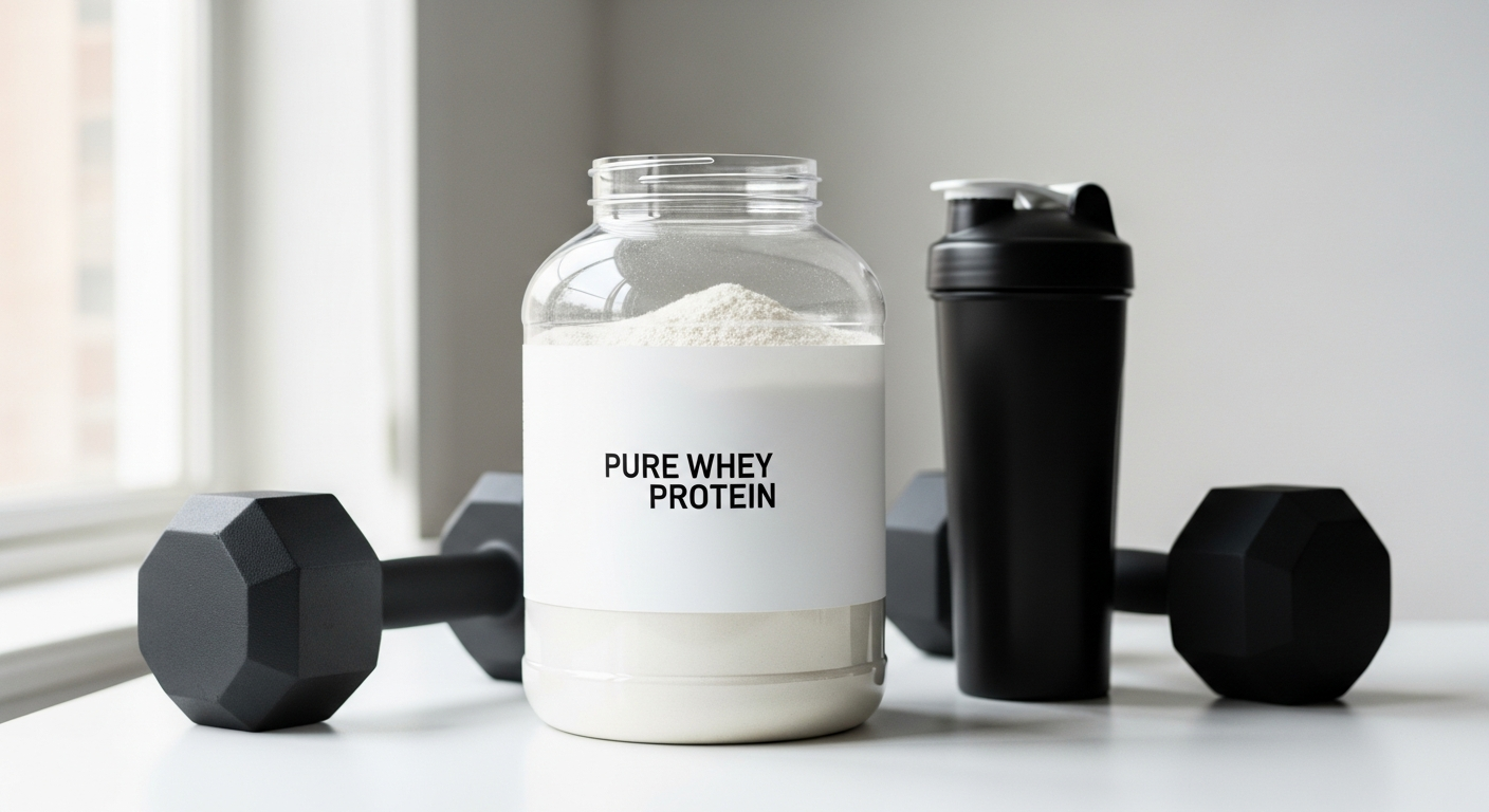 Bulk Pure Whey Protein Powder container with grass-fed label and multiple flavor options displayed