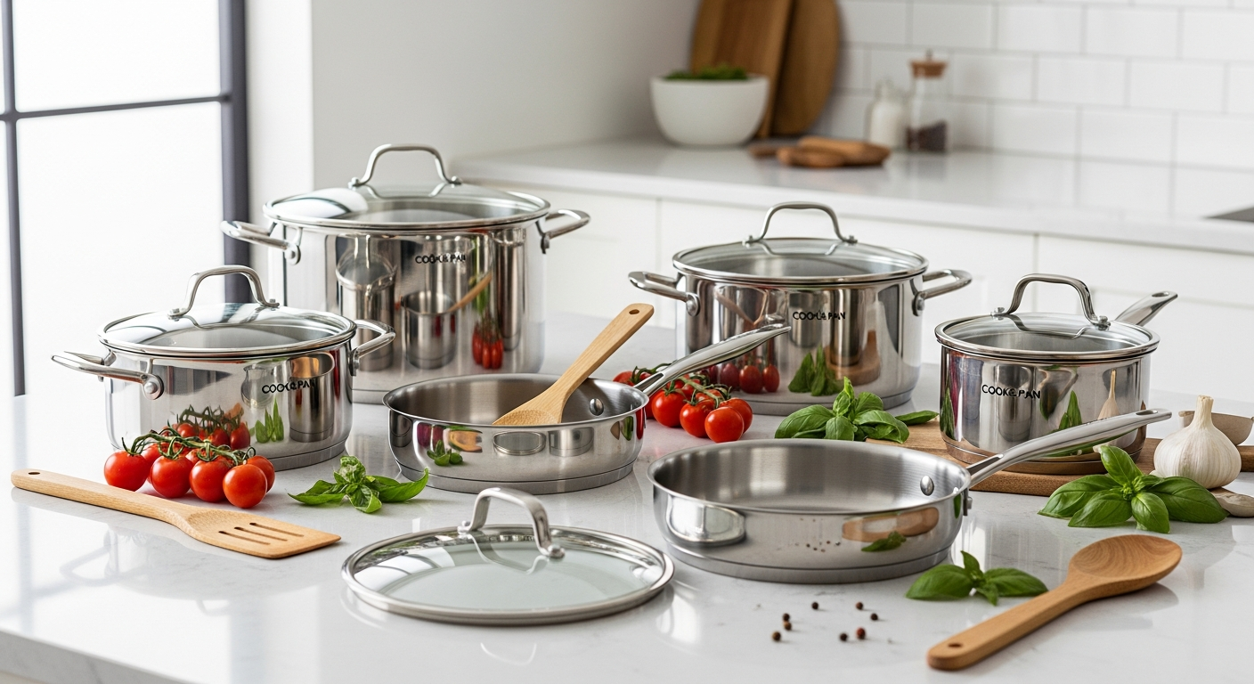Cook & Pan Signature 9-Piece Cookware Set displayed in modern kitchen