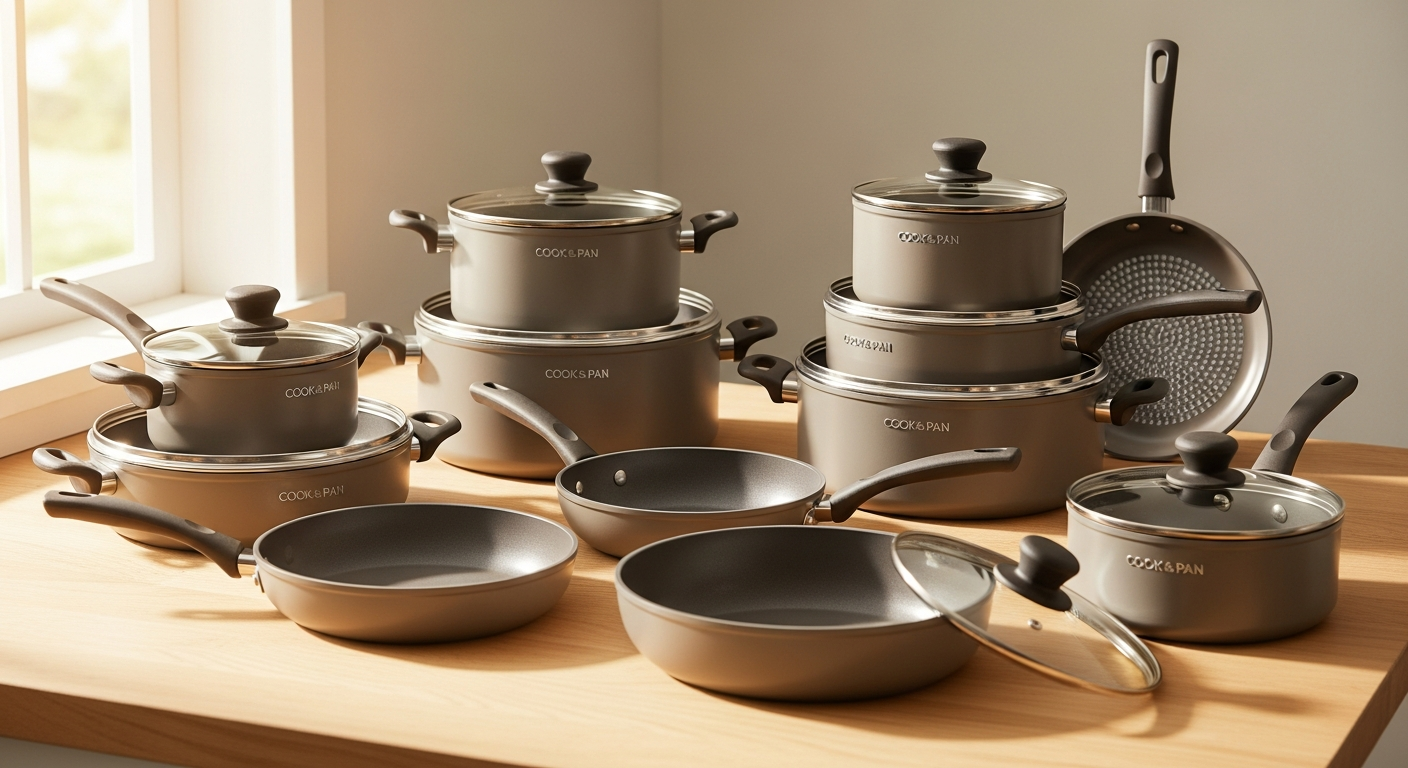 Cook & Pan Taupe of Mind 9-Piece Cookware Set displayed in modern kitchen