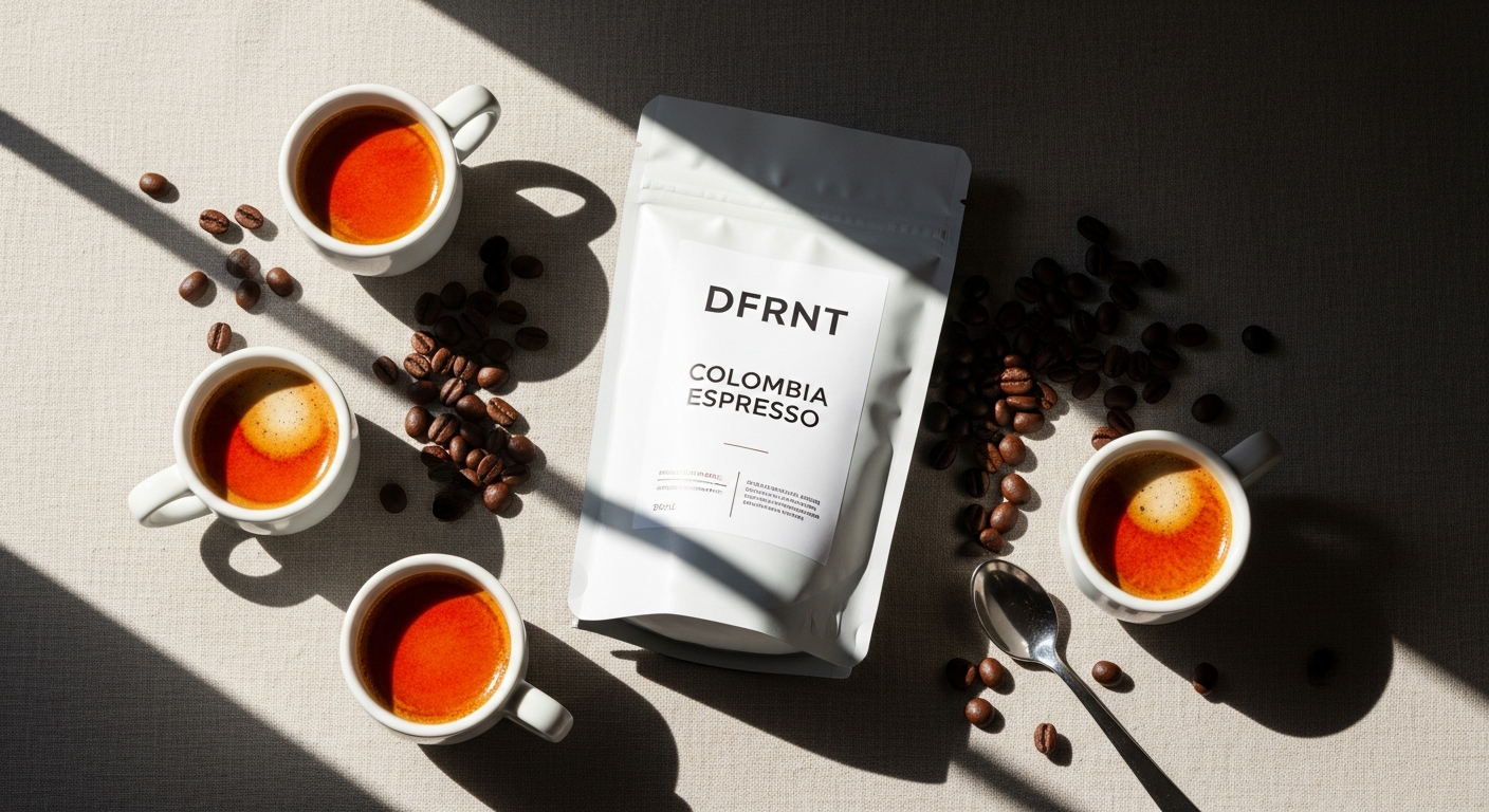 DFRNT Colombia Espresso specialty coffee beans in a white cup with rich crema