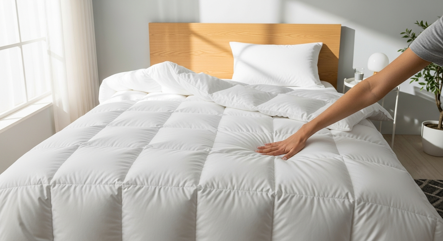 Daunenstep D400 100% down duvet on bed with white pillows and sheets