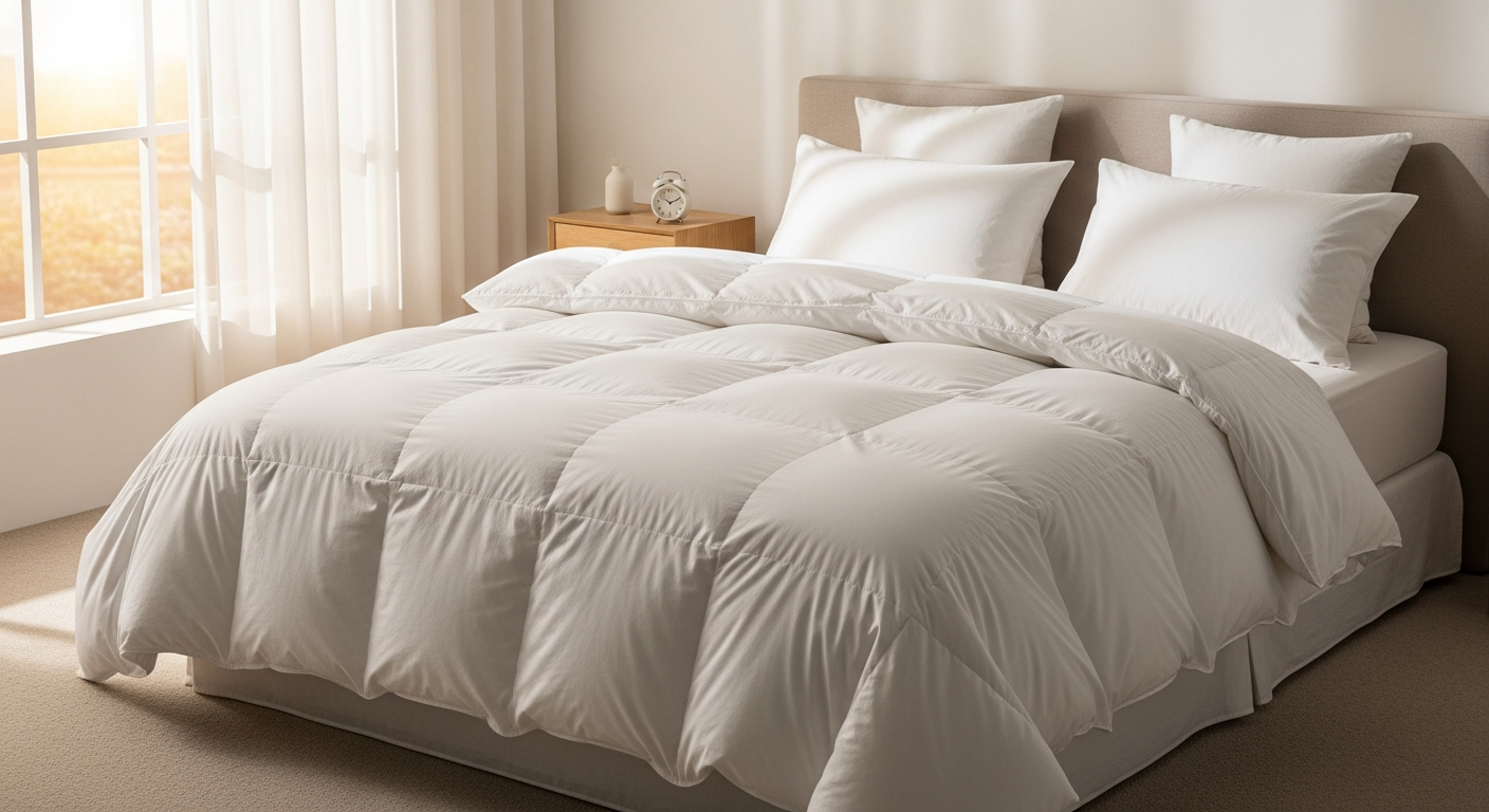 Premium Daunenstep D400 Trio 4 Seasons Goose Down Duvet displayed on bed with hypoallergenic certification badge