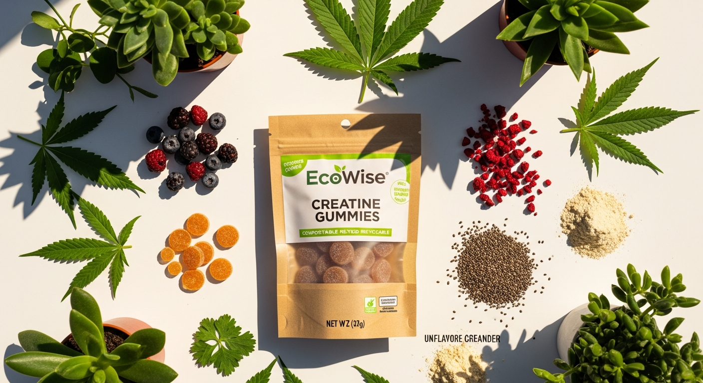 EcoWise Creatine Gummies plant-based supplement bottle with eco-friendly packaging design
