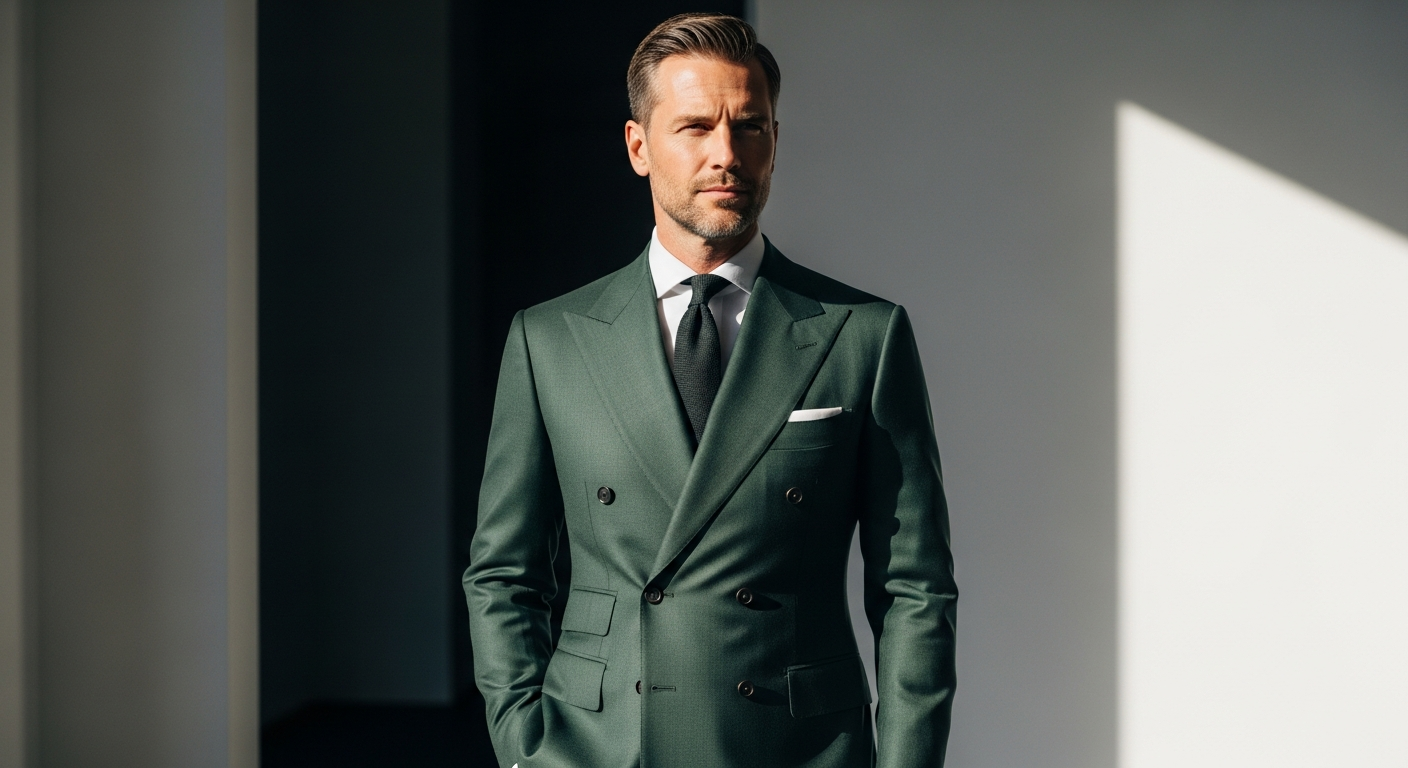 Dark green double breasted slim fit suit displayed on mannequin for formal events