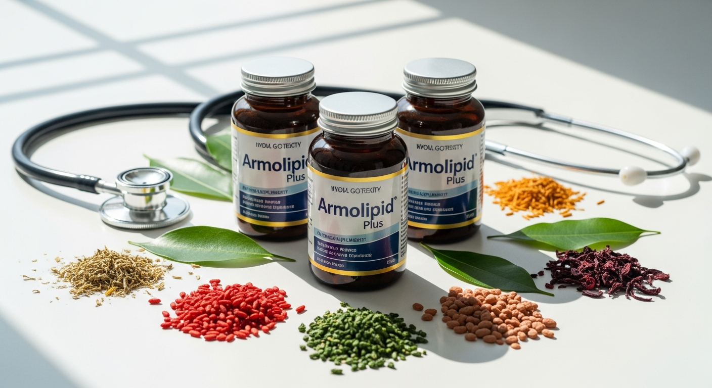 Armolipid Plus cholesterol supplement bottle with natural ingredients including berberine and red yeast rice