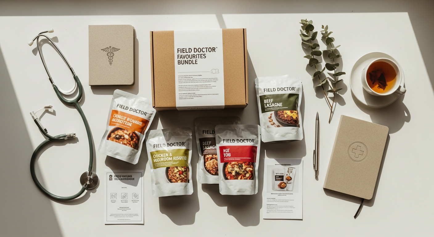Field Doctor Favourites Meal Bundle frozen meals displayed with fresh ingredients and nutritional information
