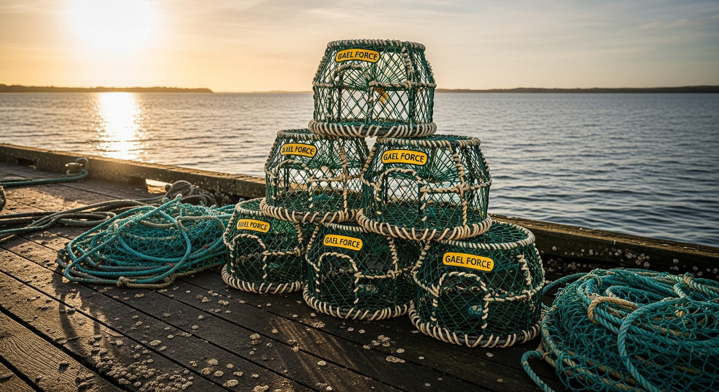 Commercial fishermen working with Gael Force crab and lobster creels on Scottish fishing boat