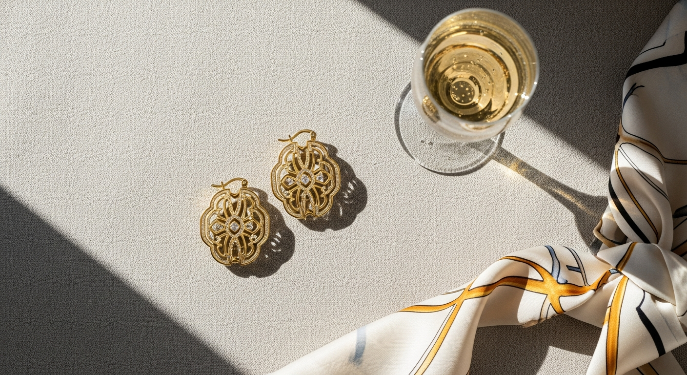Gold-plated hoop earrings displayed on elegant jewelry stand with luxury packaging