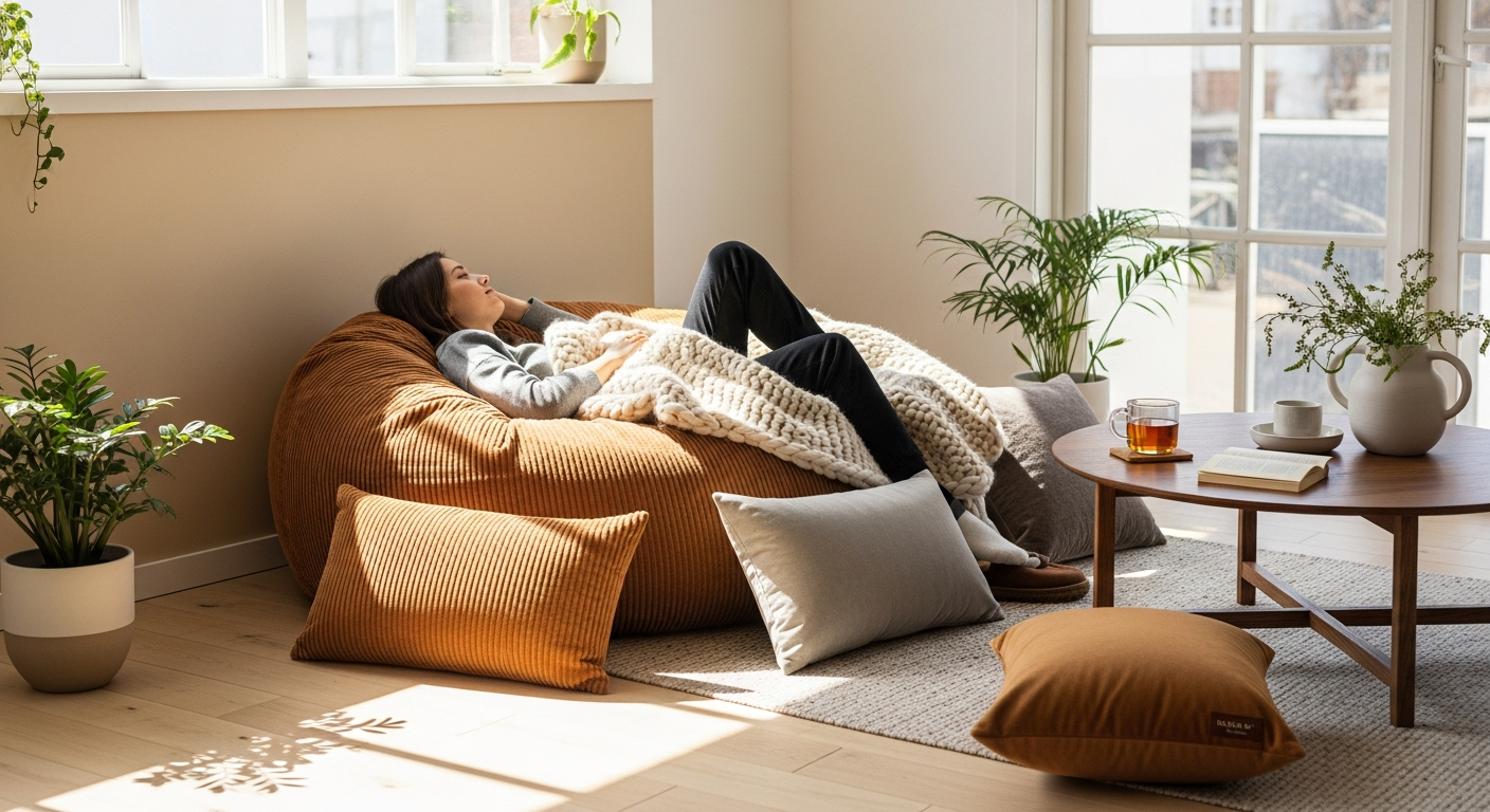 Jumbo corduroy bean bag chair in modern living room setting with natural lighting