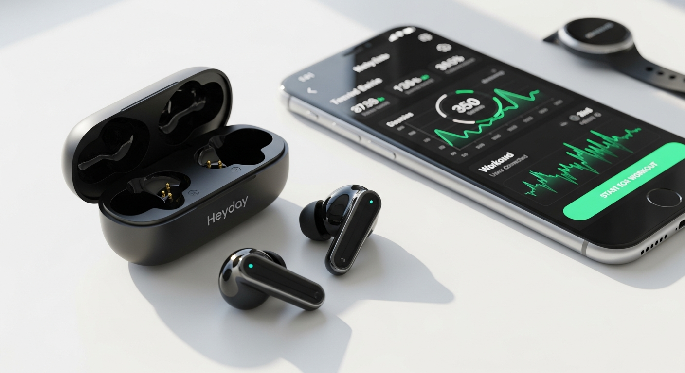 Heyday True Wireless Bluetooth Earbuds in charging case with gym equipment background