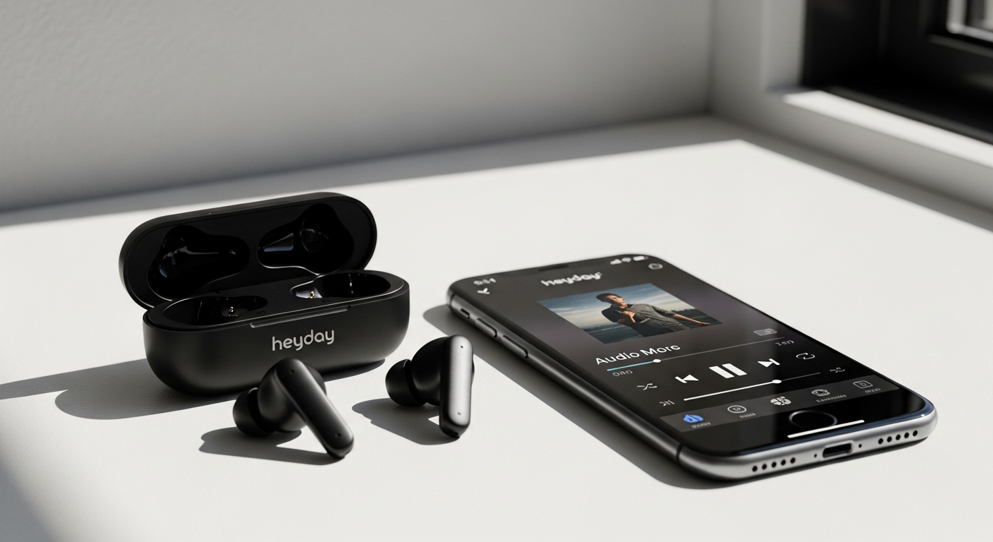 Heyday True Wireless Bluetooth Earbuds with charging case and USB-C cable