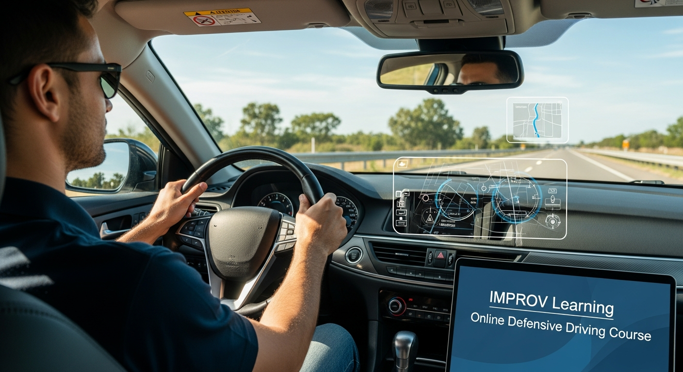 IMPROV Learning online defensive driving course interface showing interactive humor-based safety lessons