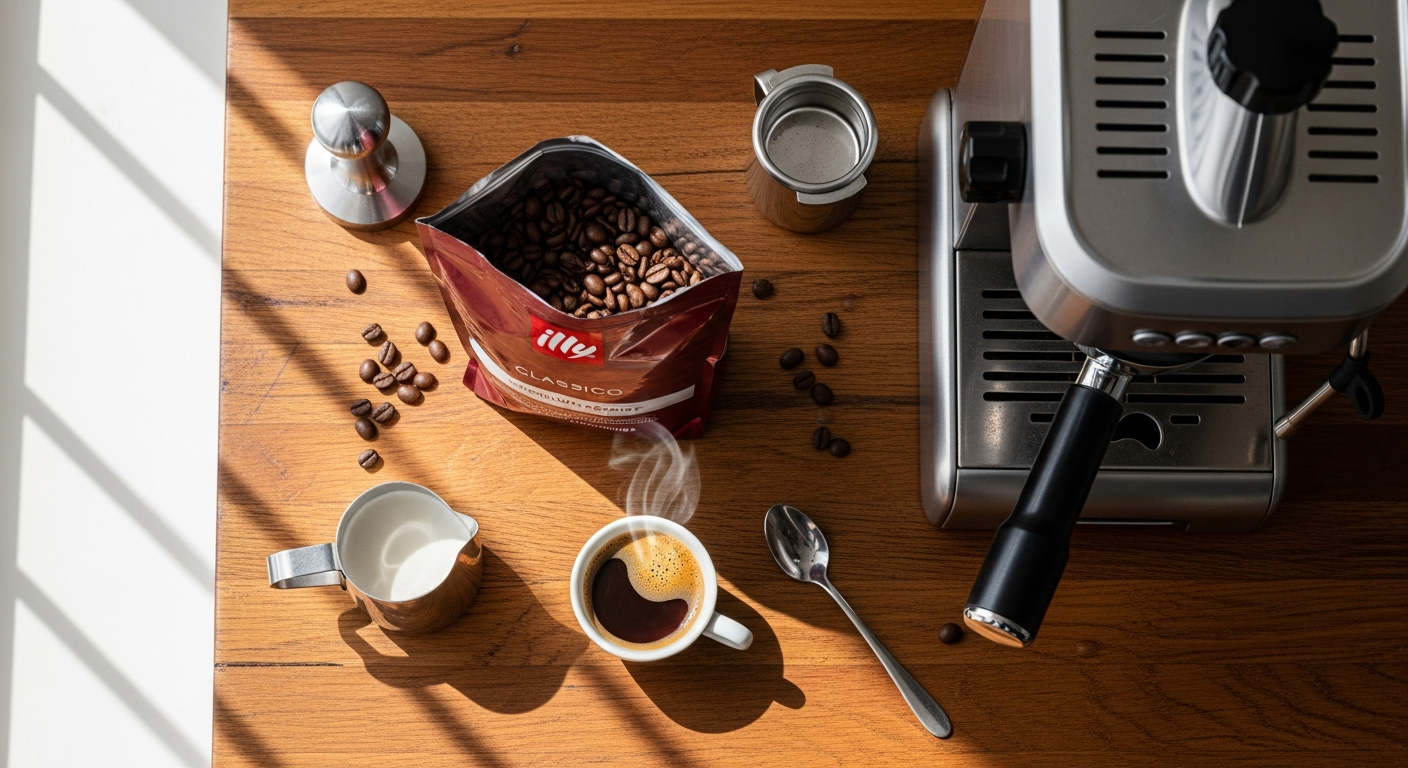 Illy Classico Medium Roast Coffee bag with espresso cup and beans
