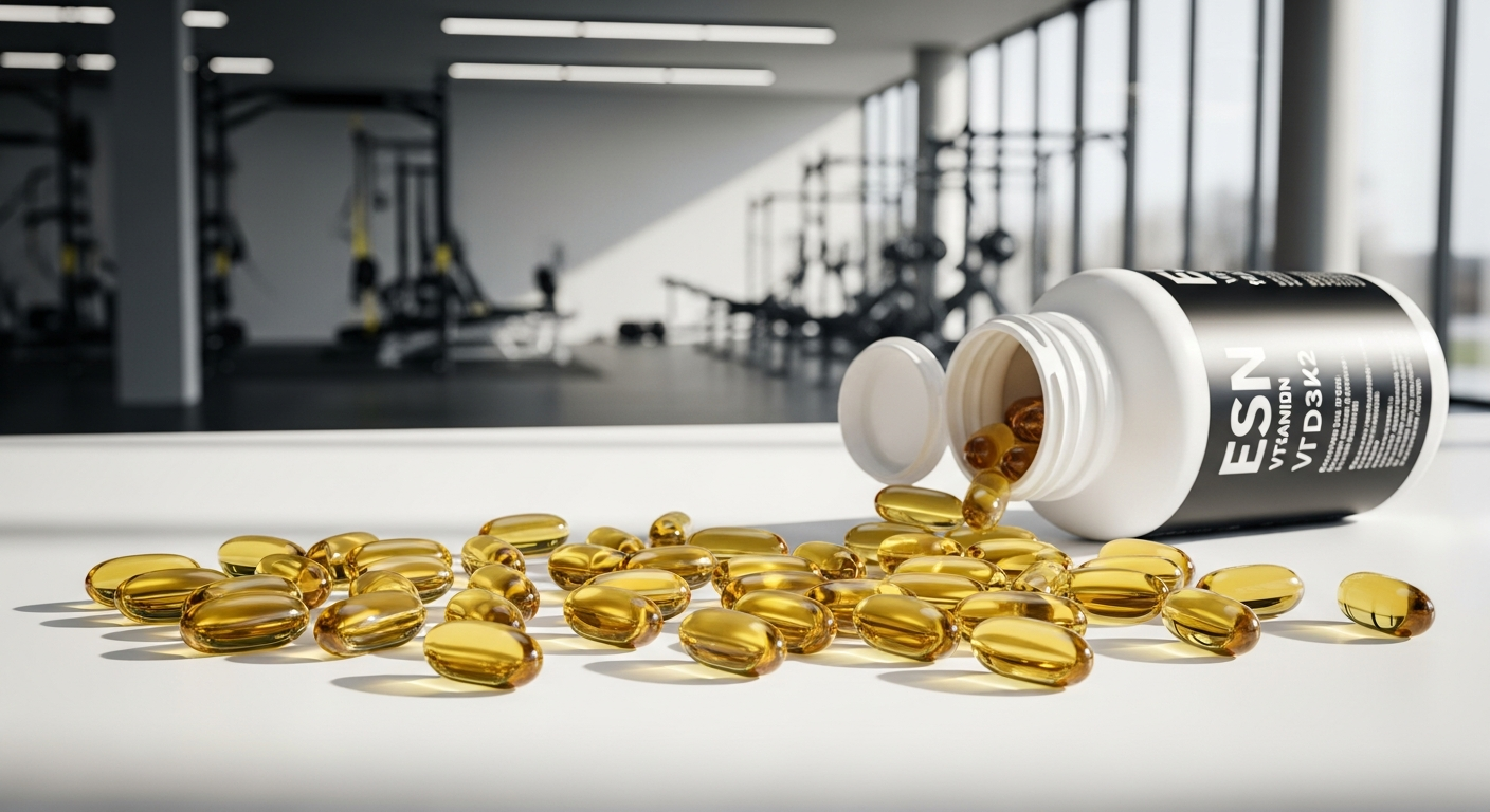 ESN Vitamin D3 K2 supplement capsules bottle displayed on athletic training background