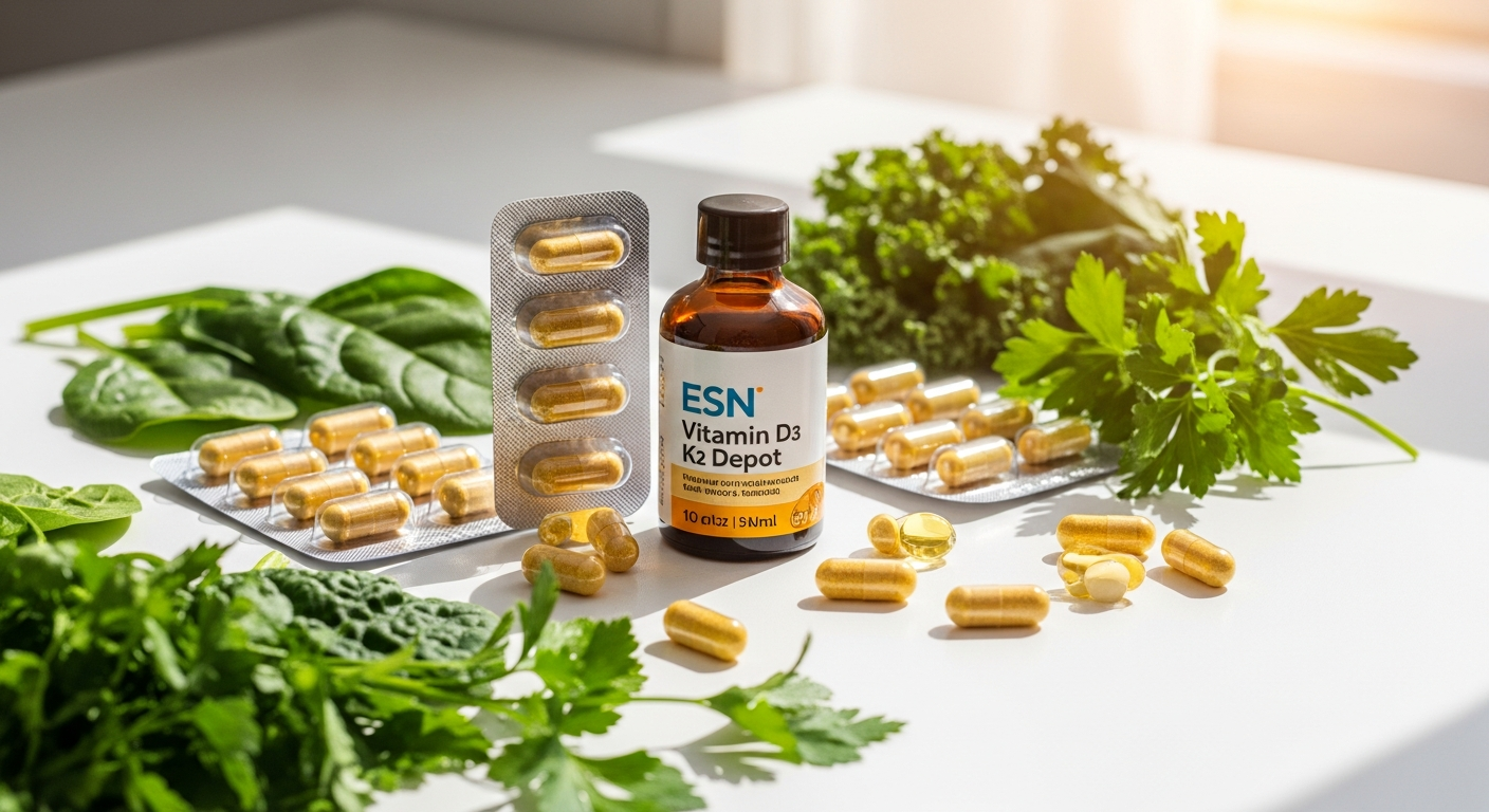 ESN Vitamin D3 K2 Depot Capsules bottle with supplement facts and German quality seal