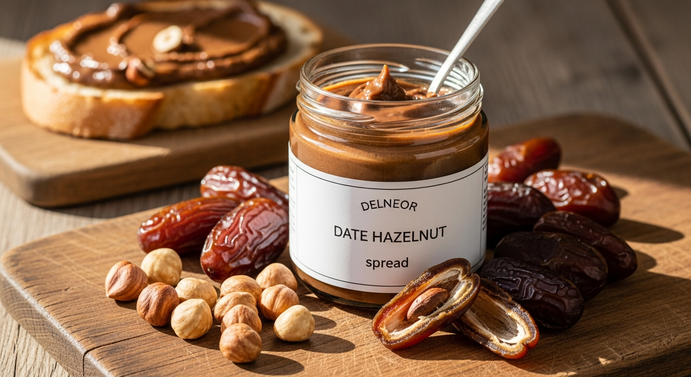 Organic date-hazelnut spread jar with fresh hazelnuts and dates