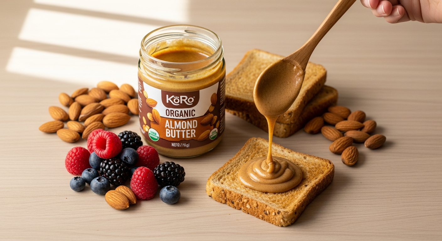 KoRo Organic White Almond Butter 500g jar with blanched almonds