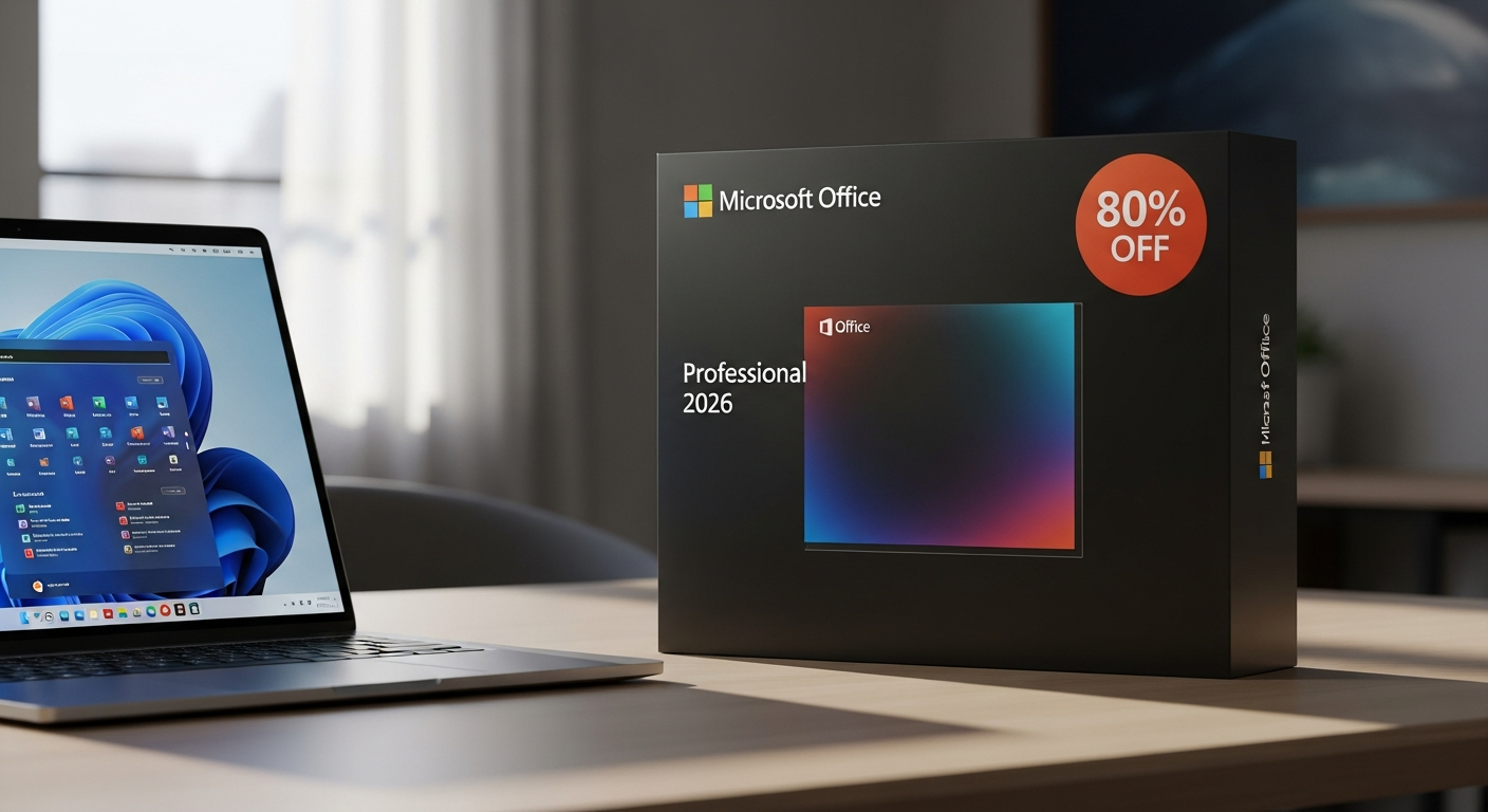 Microsoft Office 2026 Professional License box with application icons displayed