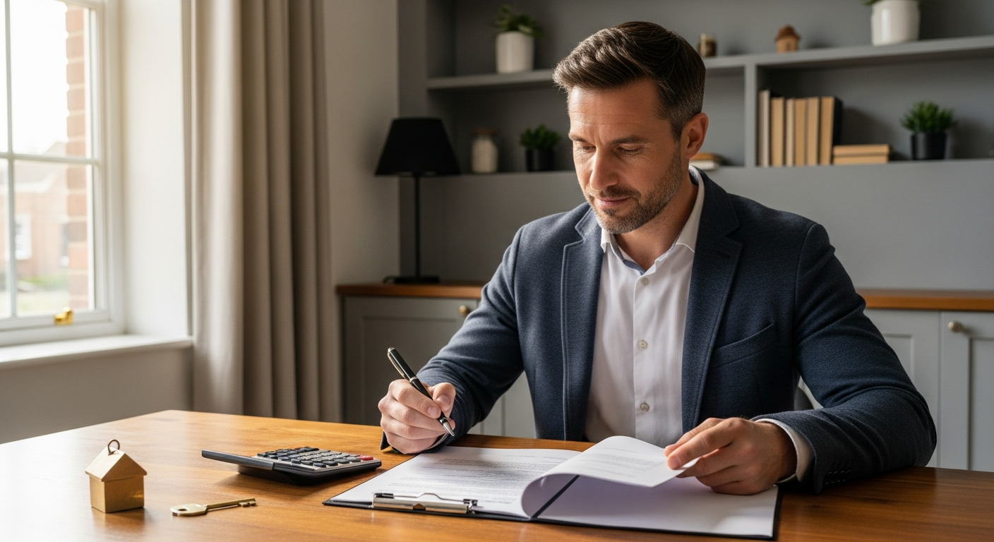 UK homeowner reviewing secured loan documents with calculator and property details