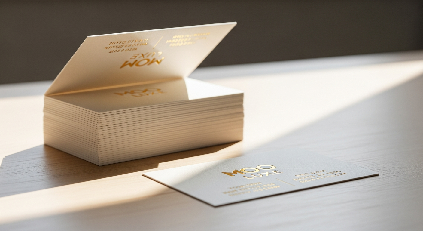 MOO Luxe premium thick business cards with colored seams and Printfinity technology