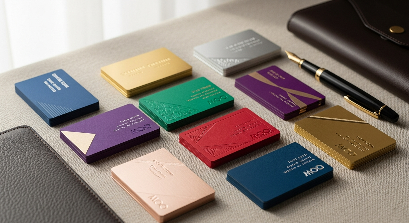 Luxury MOO premium business cards showcasing foil finishes and thick paper stock