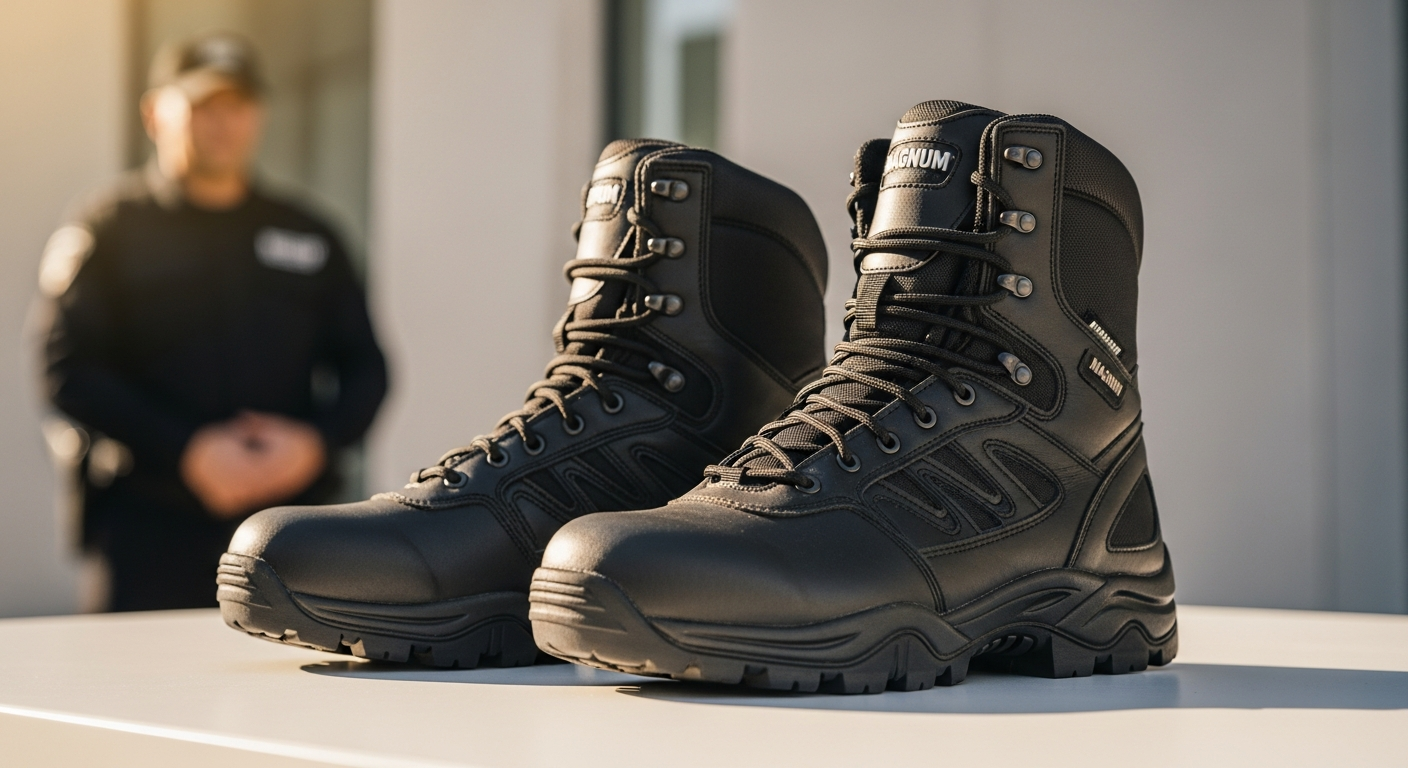 Magnum Viper Pro 8.0 Side Zip tactical boots displayed with professional security gear