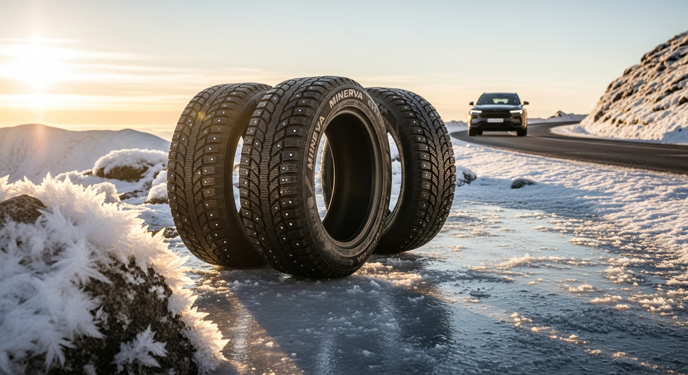 Minerva Eco Stud winter tire on snowy road surface showing directional tread pattern