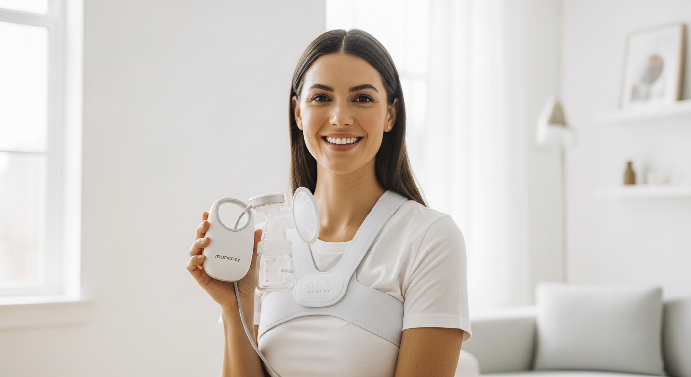 Momcozy S12 Pro wearable breast pump displayed with charging cable and collection cups