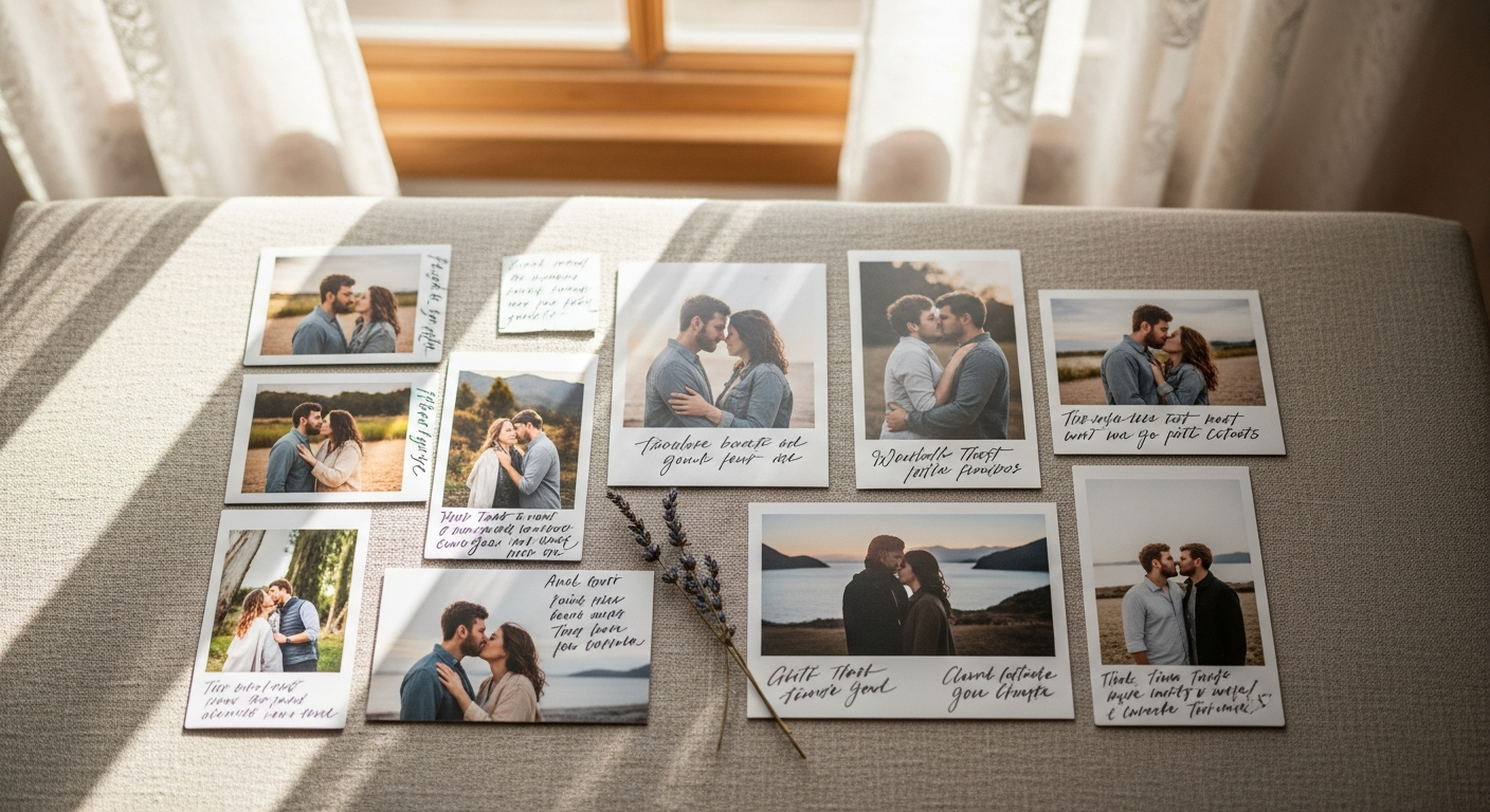 Couple exchanging personalised photo upload cards across long distance