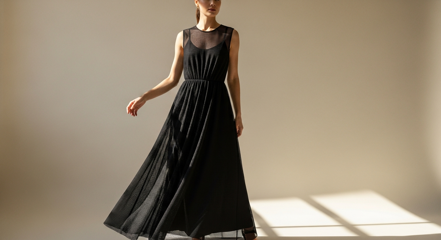Murci ISOLA Swirl Mesh Maxi Dress styled with layered accessories and footwear