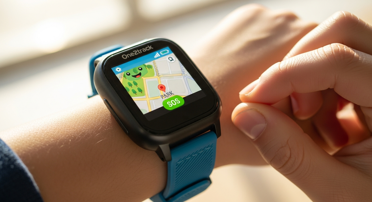 One2track Connect UP GPS smartwatch displayed on child's wrist showing time and interface