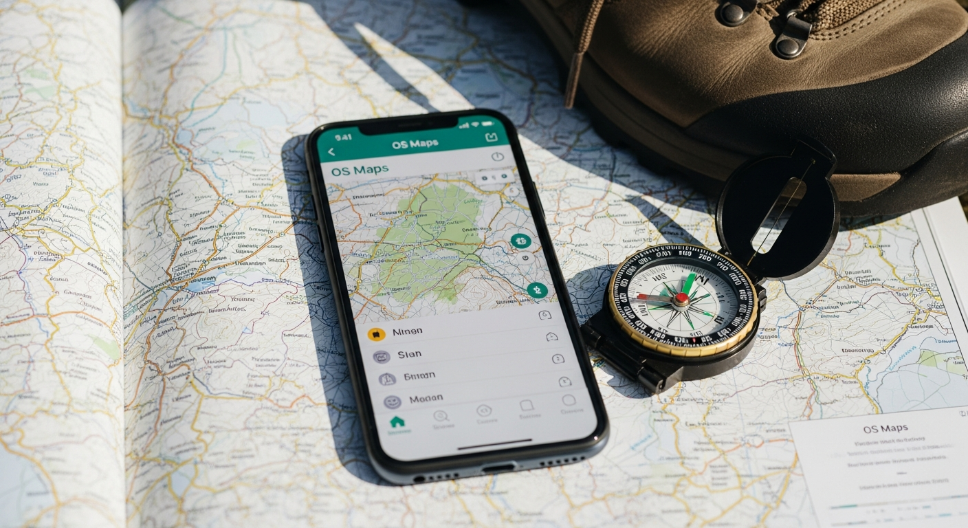 OS Maps App Premium Subscription interface showing offline downloaded maps and route planning features on smartphone screen
