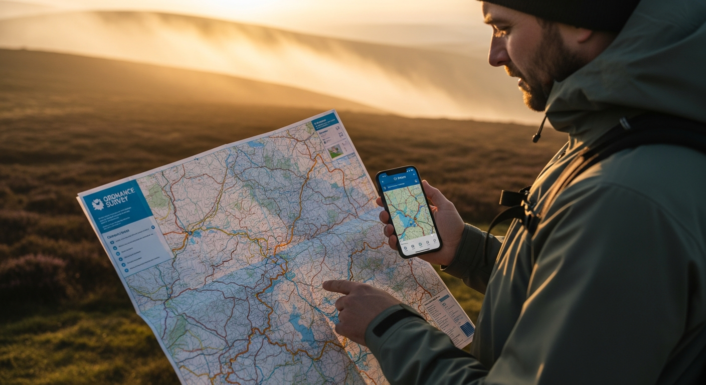 OS Maps App offline navigation interface showing downloaded maps and route planning features