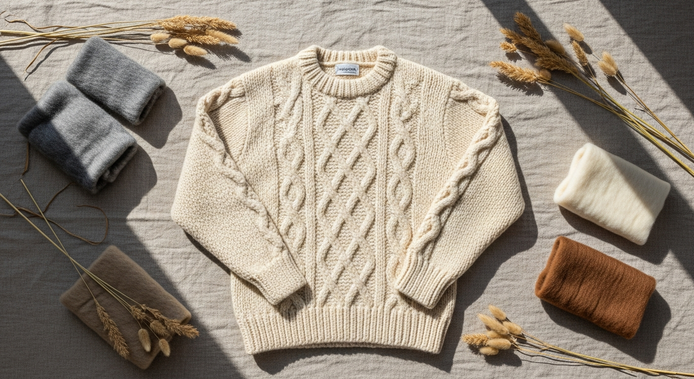 Peregrine Hudson Aran Jumper in navy wool displayed on neutral background