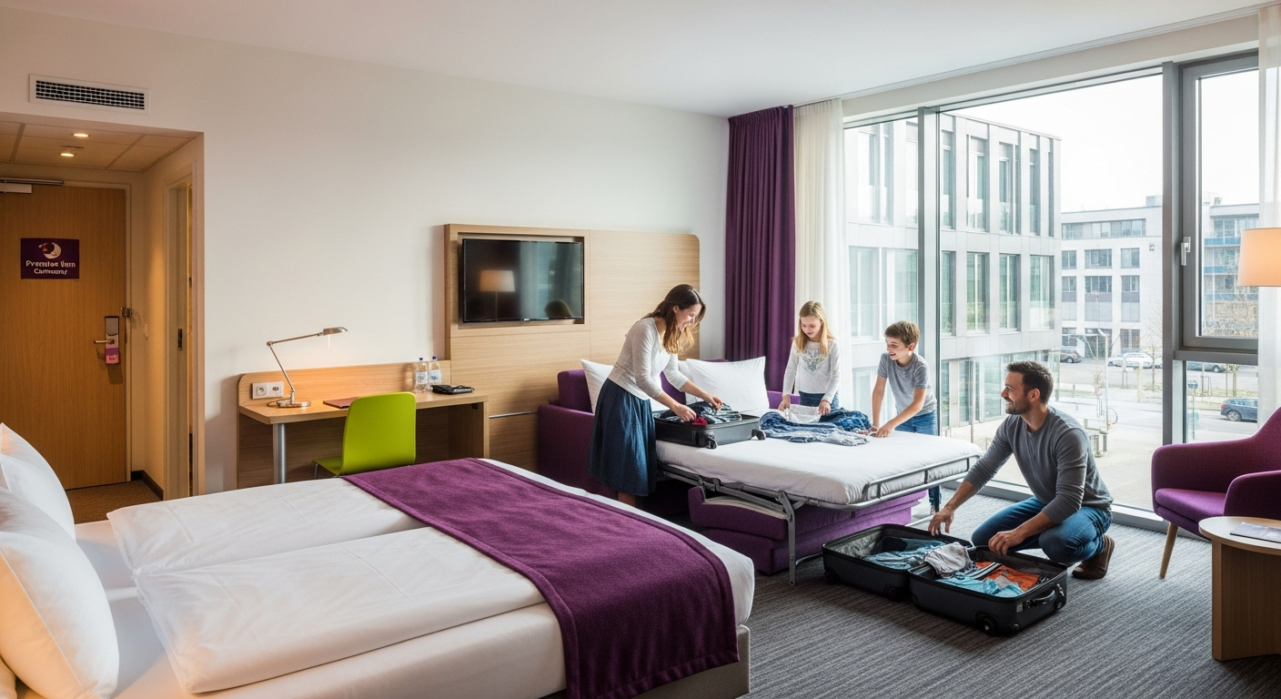 Premier Inn comfortable hotel room in Germany with modern bed and family-friendly amenities