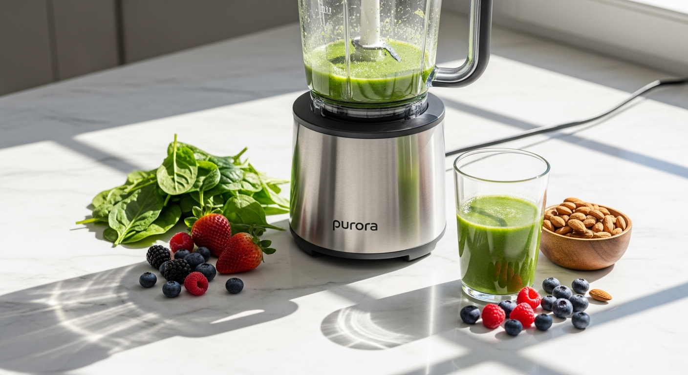 Purora Mixer blending nutrient-rich meal in glass with professional kitchen background