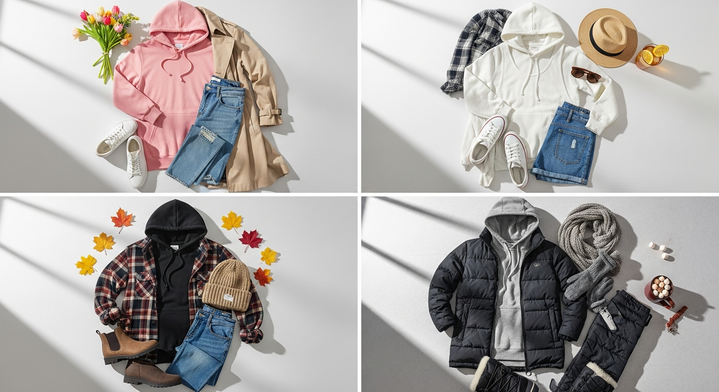 Rascal Core Hoodie styled in multiple seasonal streetwear outfit combinations