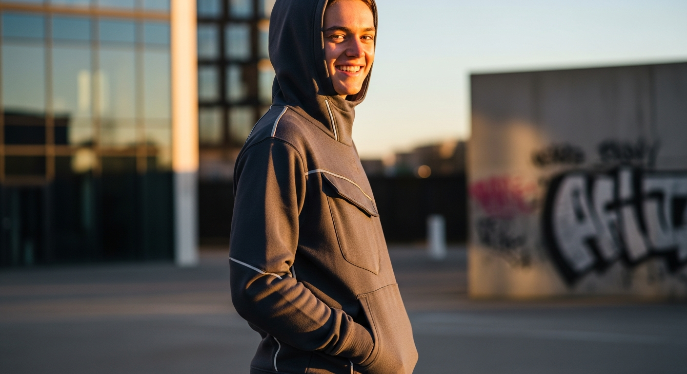 Rascal Tech Utility Junior Hoodie in neutral color displayed on young model