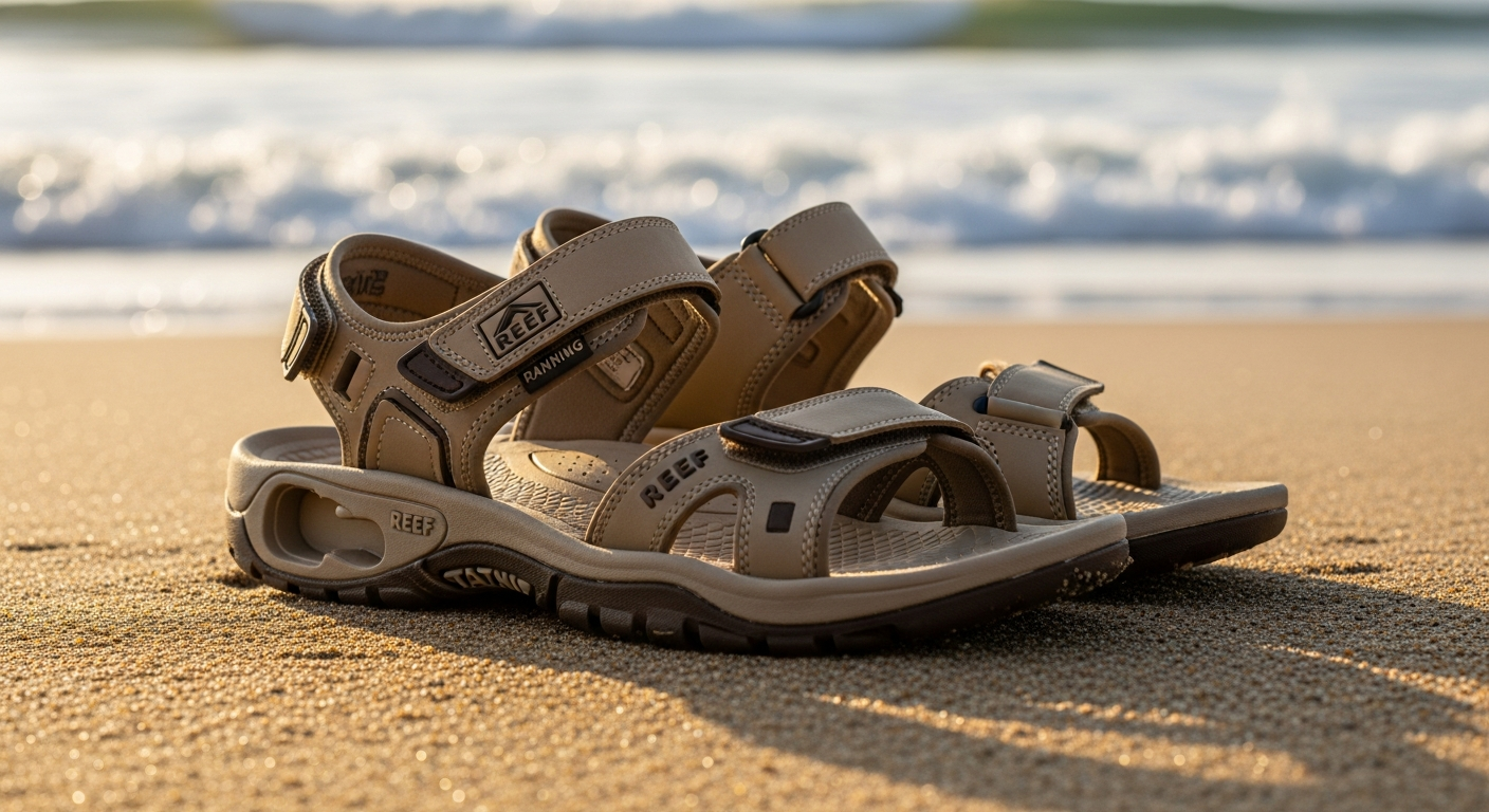 Reef Fanning sandals displayed on sandy beach with ocean waves background