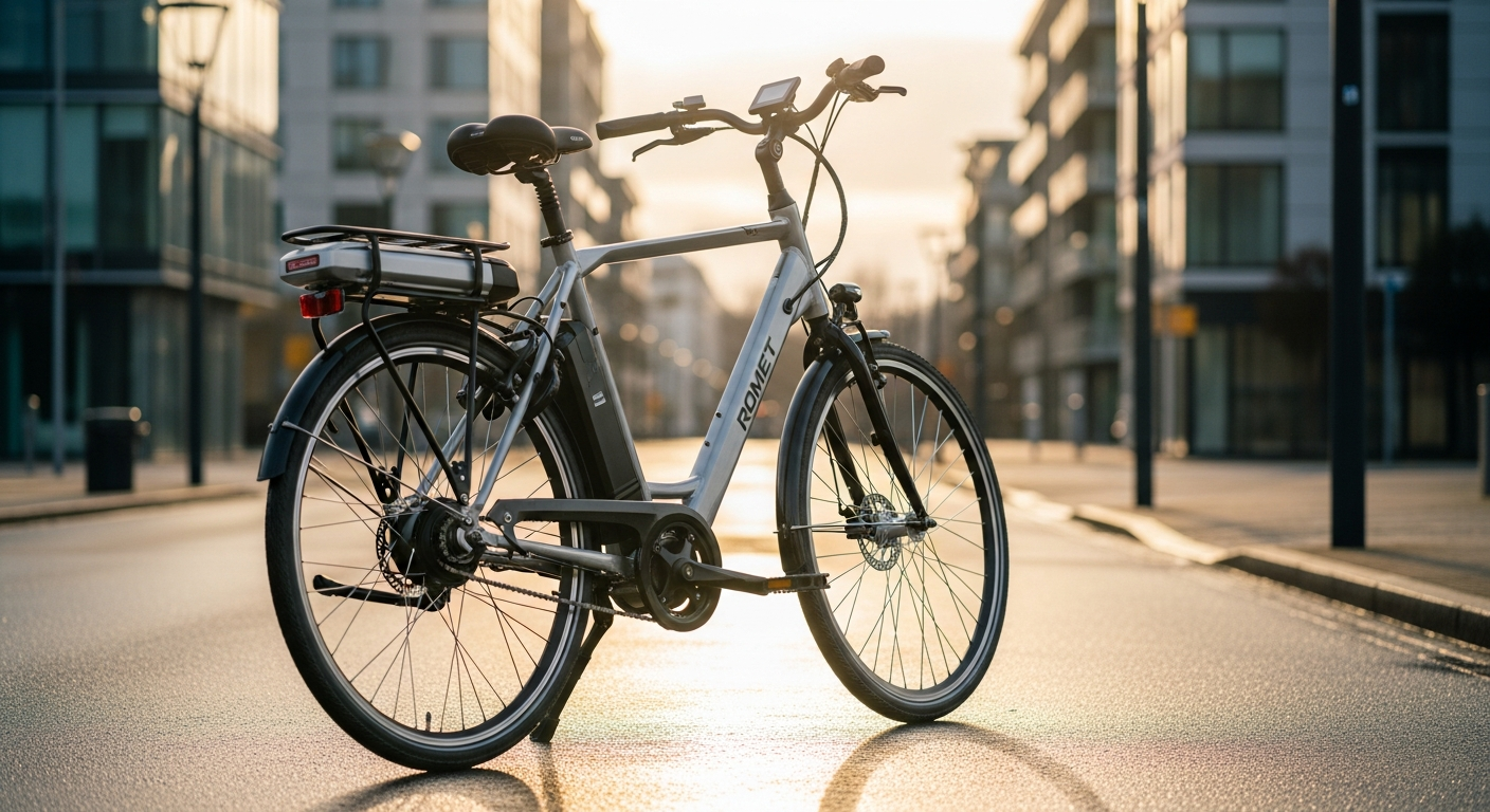 Romet E-Wagant 3.0 electric city bike parked on urban street with mudguards