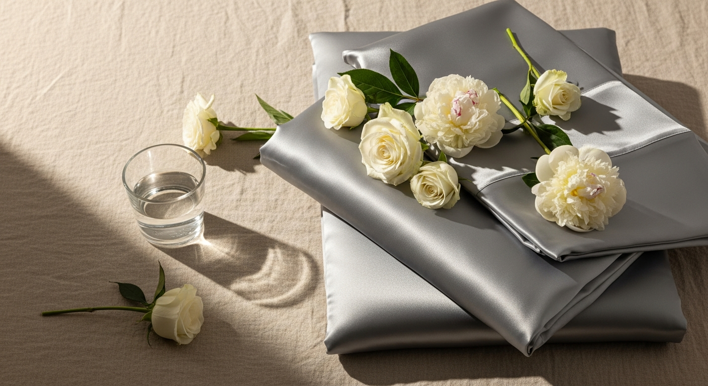 Silver ion infused satin pillowcase with invisible zip closure on white background